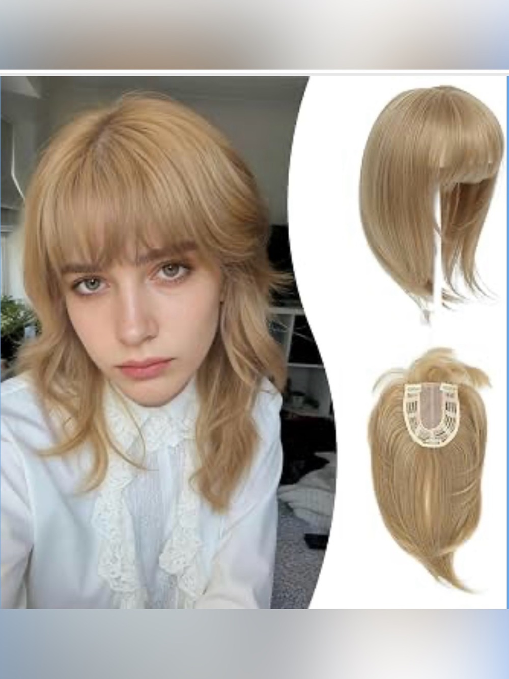 Hair Topper W/Bangs 360 Cover, Clip Natural Hair Topper 12” Champagne Blonde